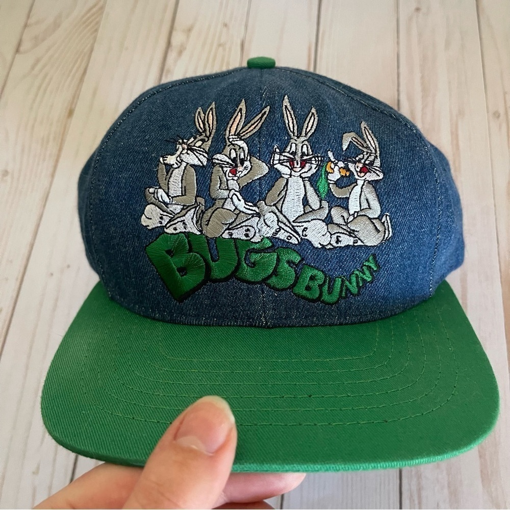 Vintage 90s Warner Bros Bugs Bunny Embroidered Denim Green Baseball Cap - Picture 2 of 6